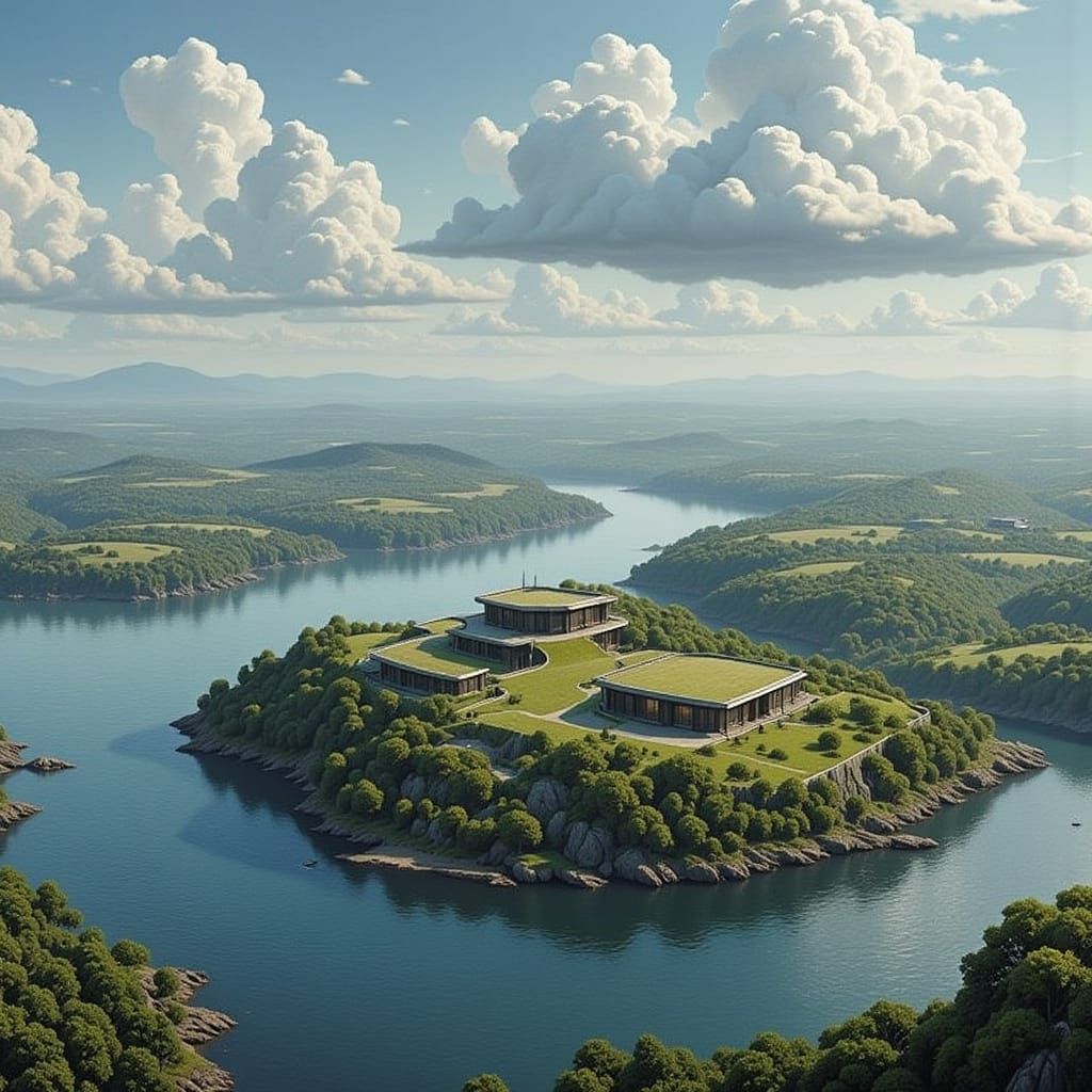 High Vantage Point Overlooking Futuristic City and Domed Isl...