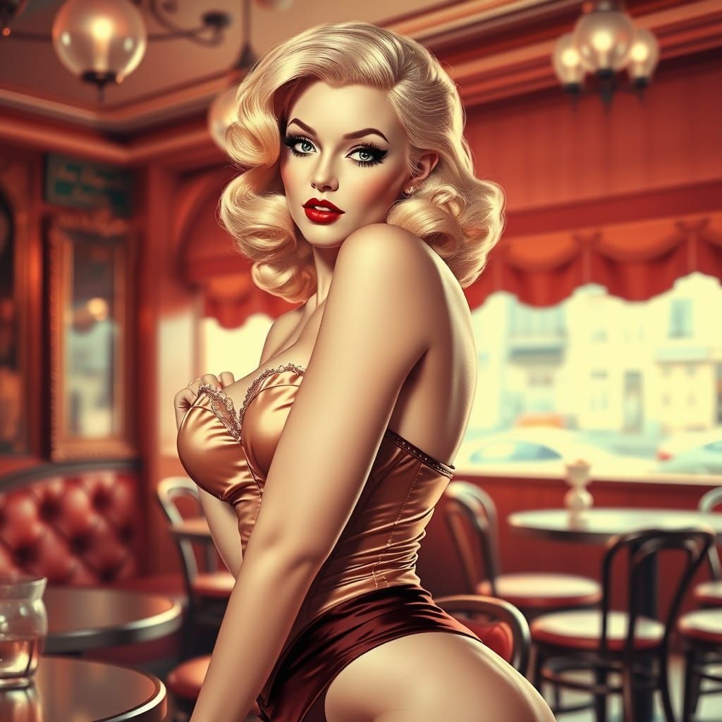Vintage Pin-Up in Parisian Cafe: Sepia-Toned Nostalgia