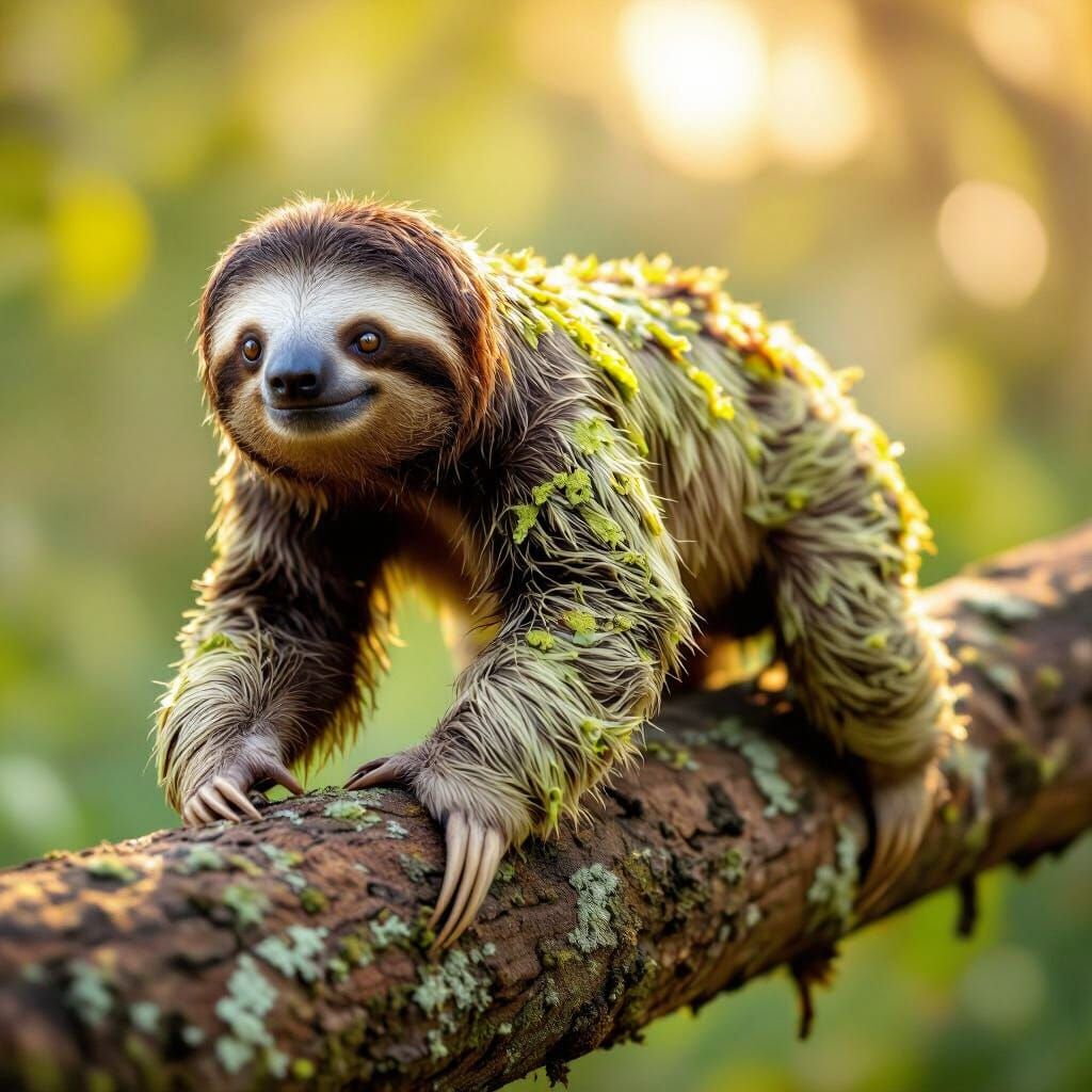 Photorealistic Sloth with Vibrant Algae on Branch