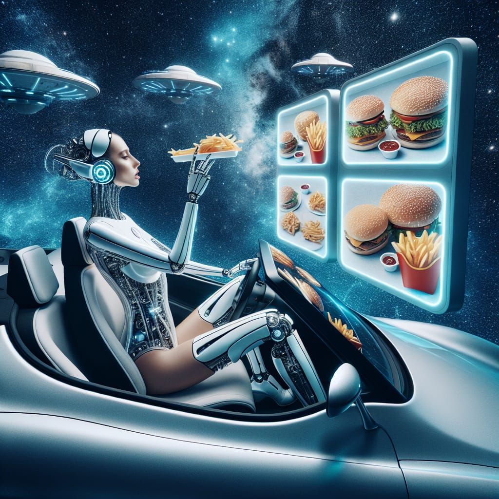 Robot Cyborg Lady sitting in a Cabriolet spacemobil and orde...