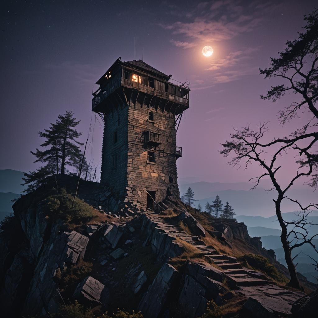 Dramatic Night Landscape with Watchtower Beacon