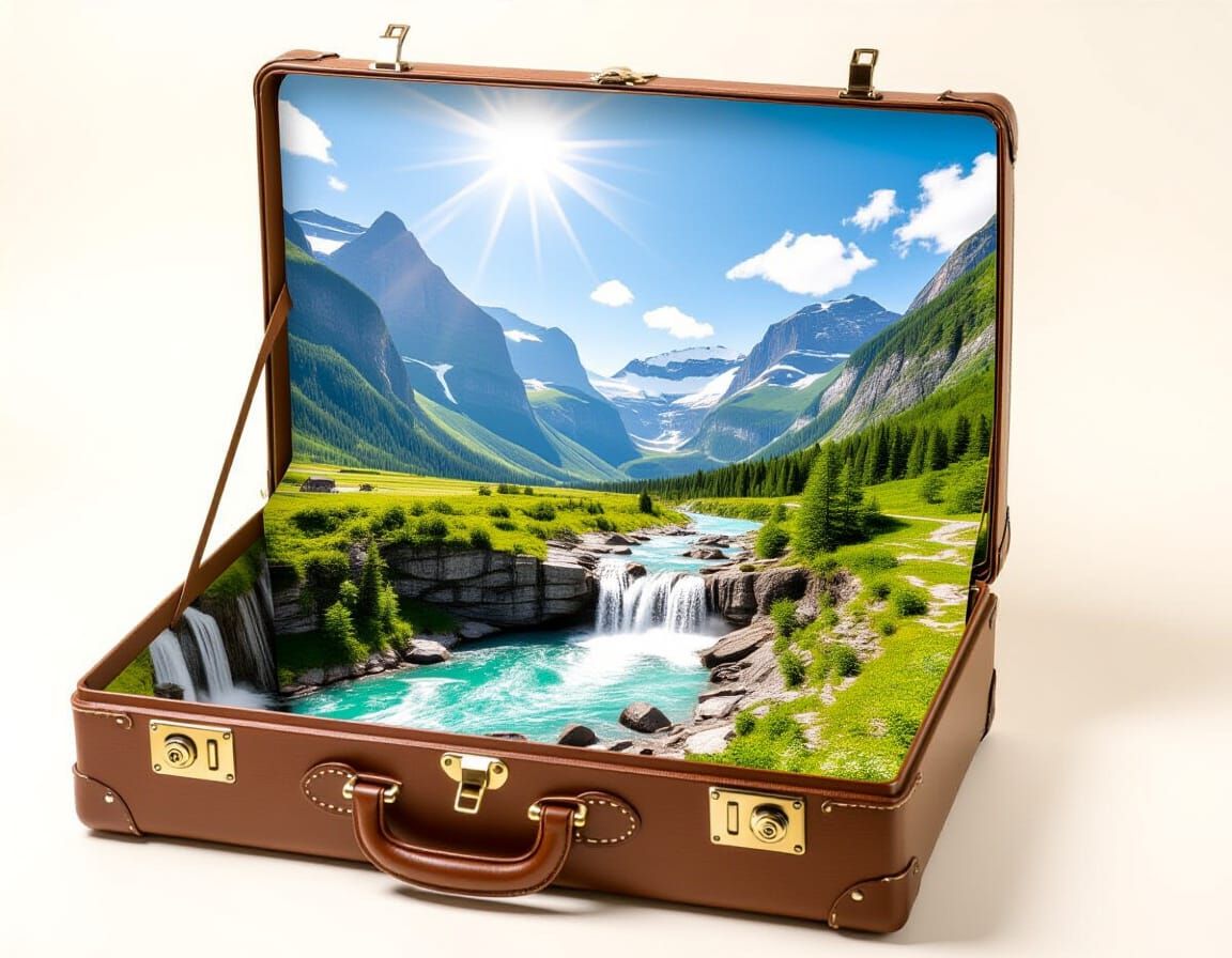 Sunny Mountain Landscape Inside Open Leather Suitcase