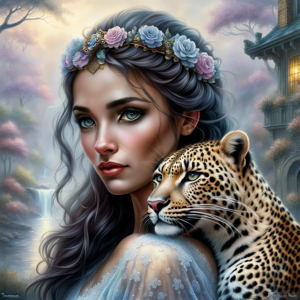 Girl and leopard. Fantasy