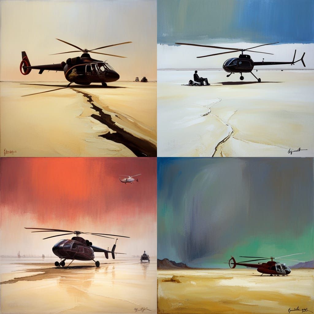 Helicopter on Dry Lakebed in Ashcan Art Style