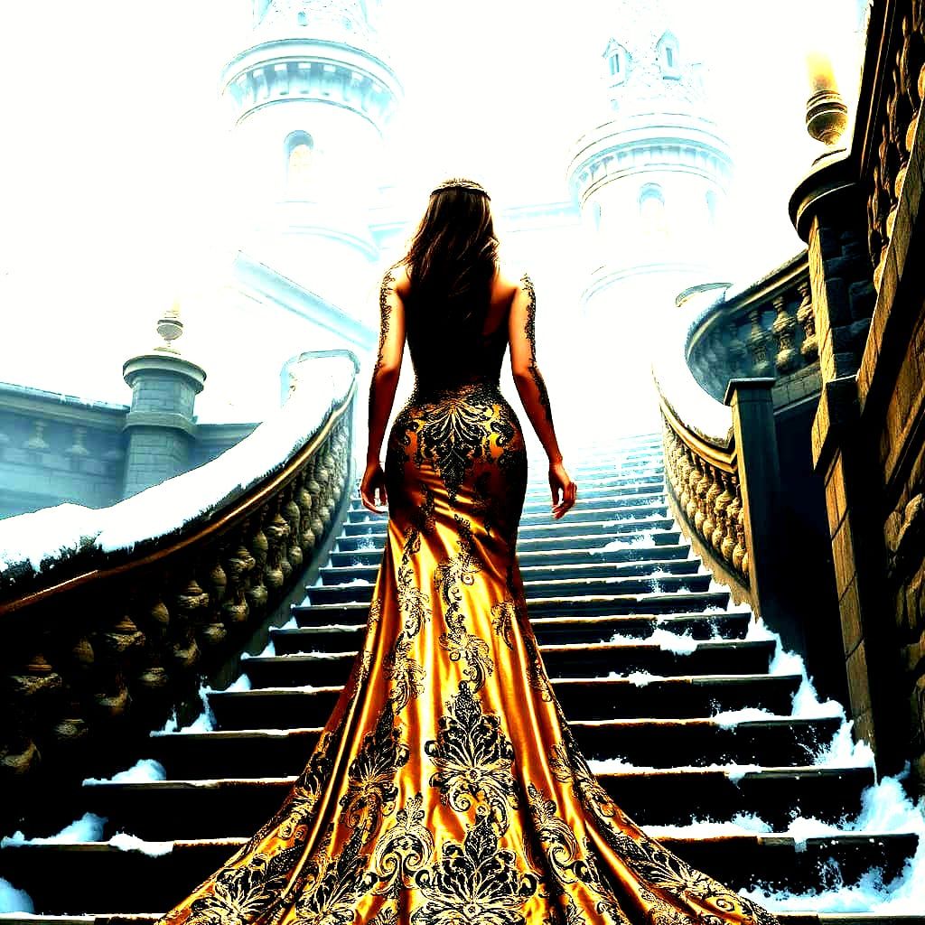 Ethereal Winter Queen Ascends in Gold and Black Splendor