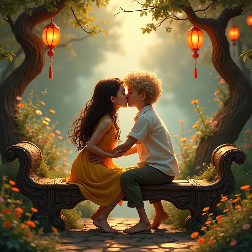 Teenage Kiss in Mystical Garden, Fantasy Matte Painting