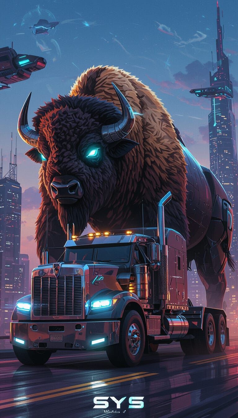 Futuristic Bison-Truck Hybrid Roams Cyberpunk Cityscape