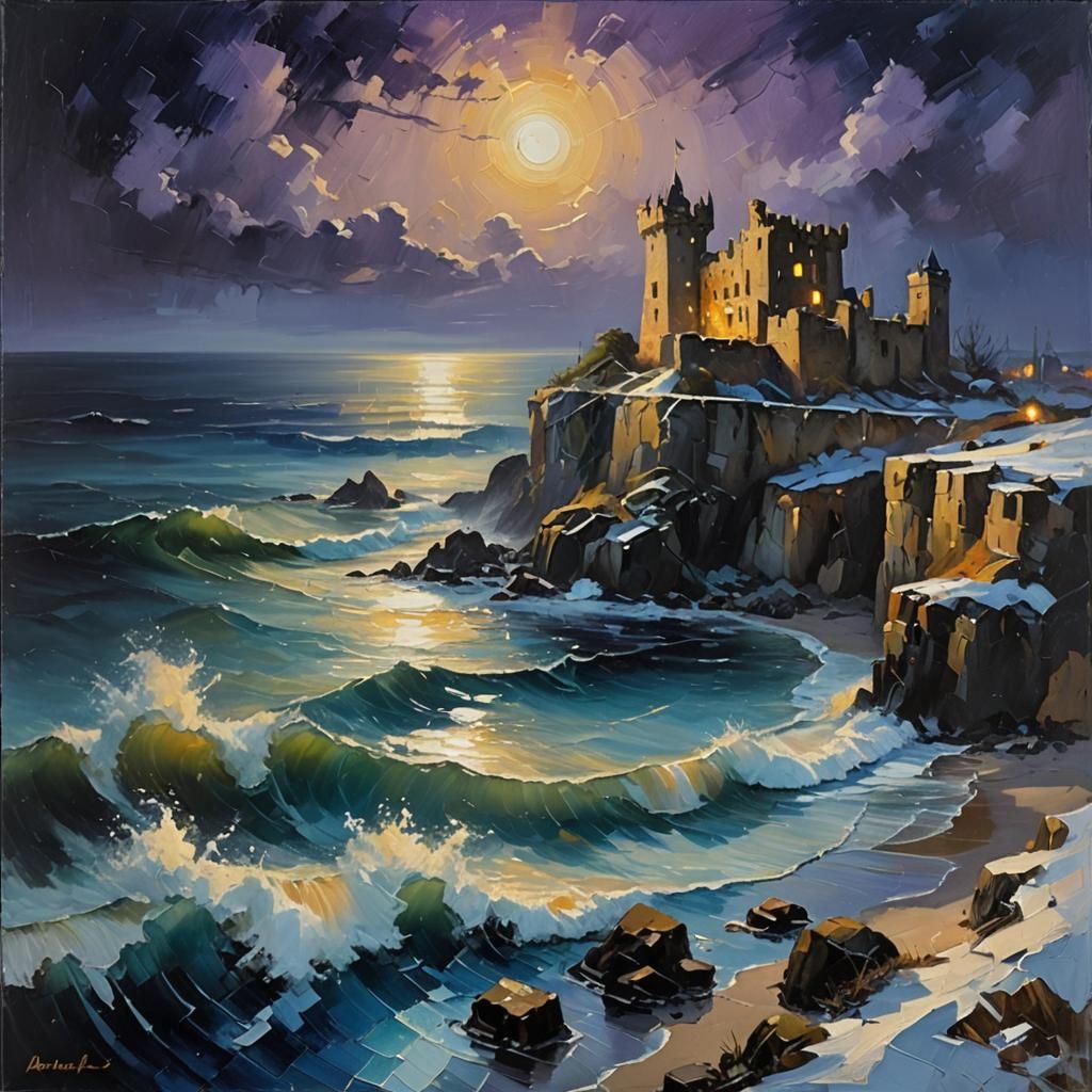 Moonlit Castle Seascape as Oil Painting