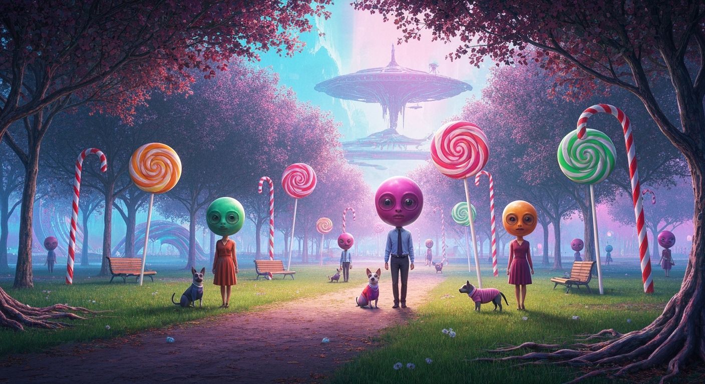 Surreal Park with Gigantic Heads and Biomechanical Elements