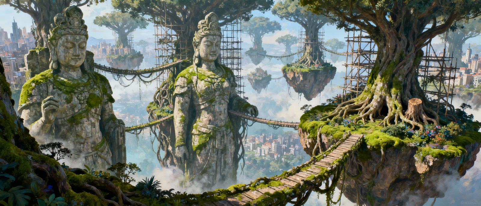 Ancient Stone Deities and Floating Tree Root Bridges