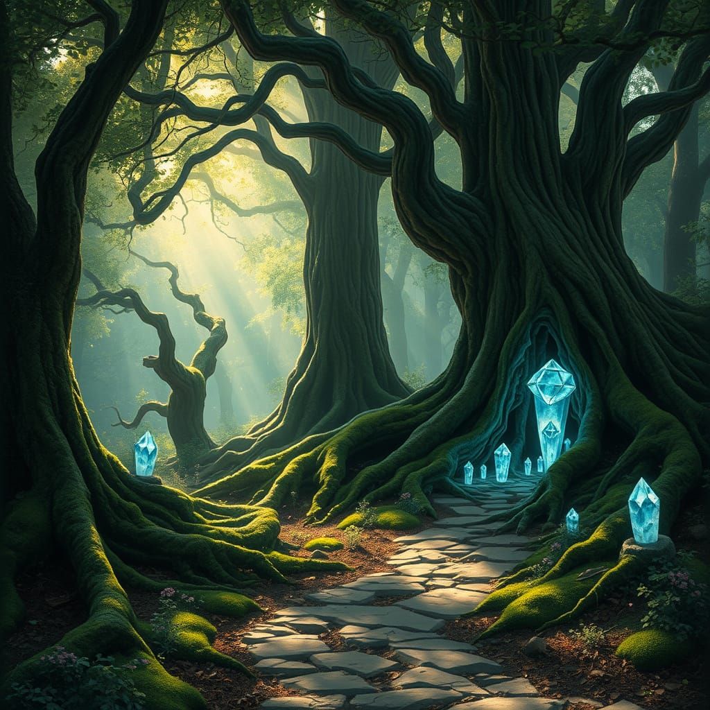 Mystical Forest Glade with Luminous Crystals in Art Nouveau