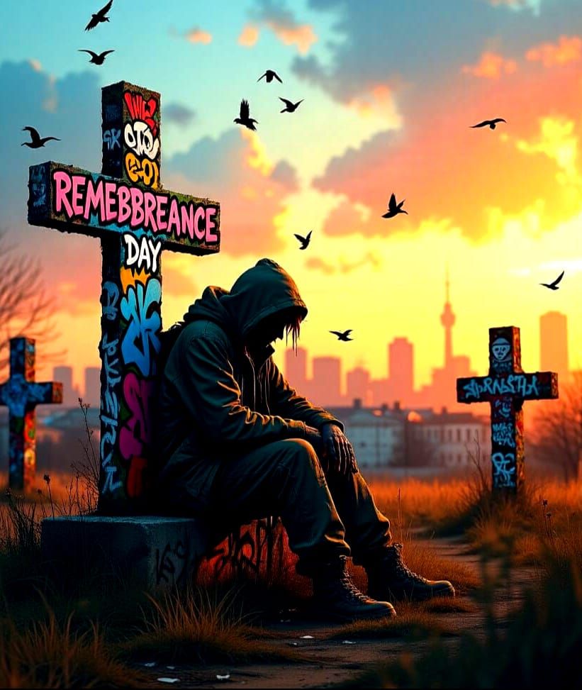 Vibrant Graffiti Mural for Remembrance Day in Anime Style