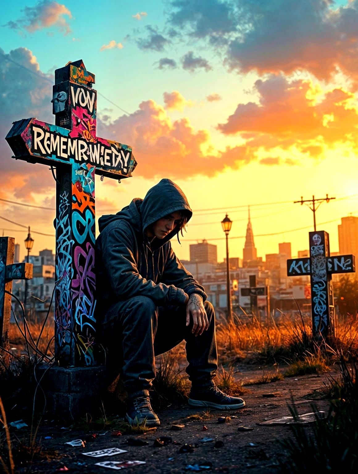 Vibrant Graffiti Mural for Remembrance Day in Anime Style