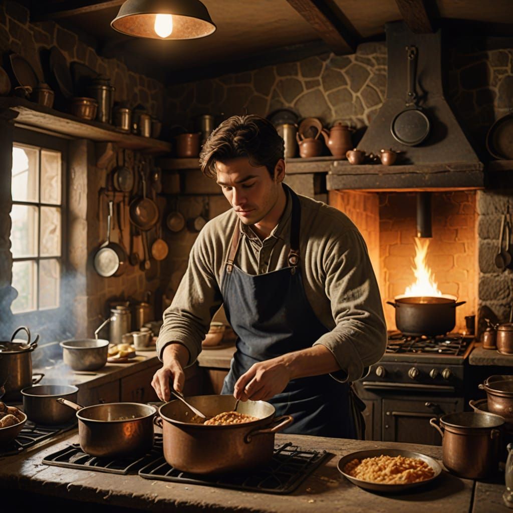 Man Cooks in Rustic Mansion Kitchen with Warm Firelight