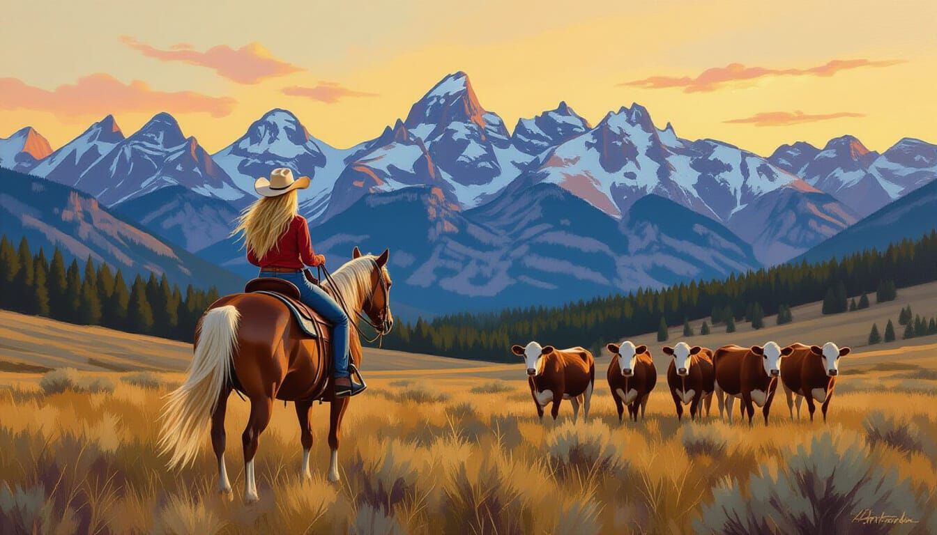 Cowgirl Herding Cattle in Sawtooth Mountains: Oil Painting