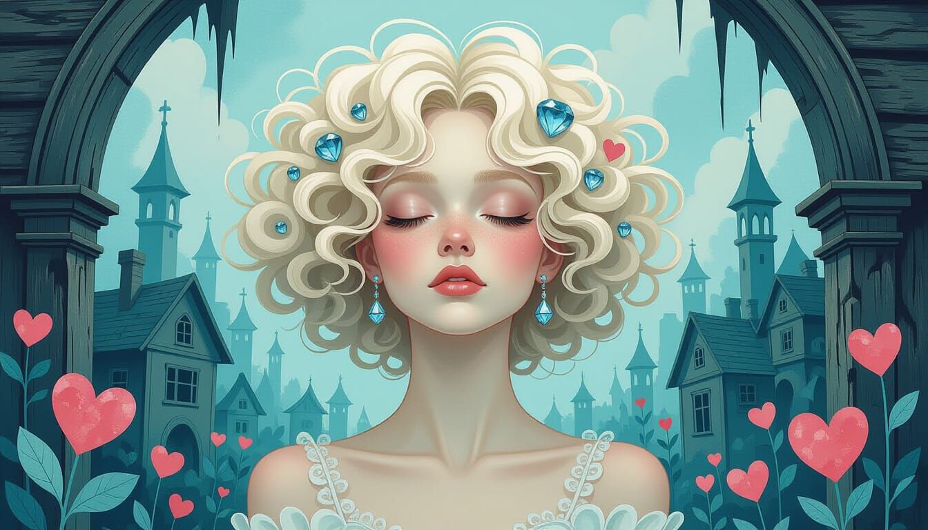 Brooding Woman with Biomorphic Geometry, Watercolor Style