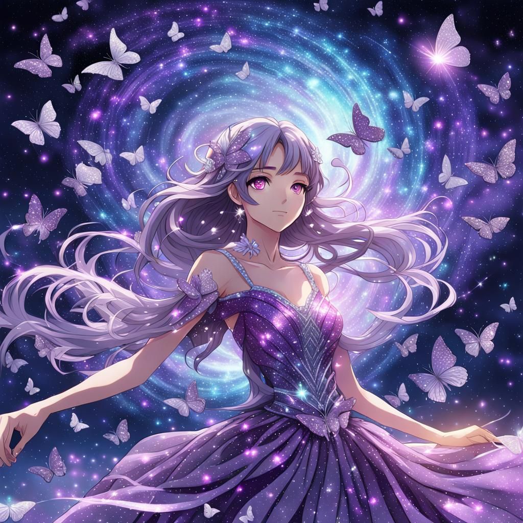 Anime Girl Weaving Galaxies with Glitter Butterflies
