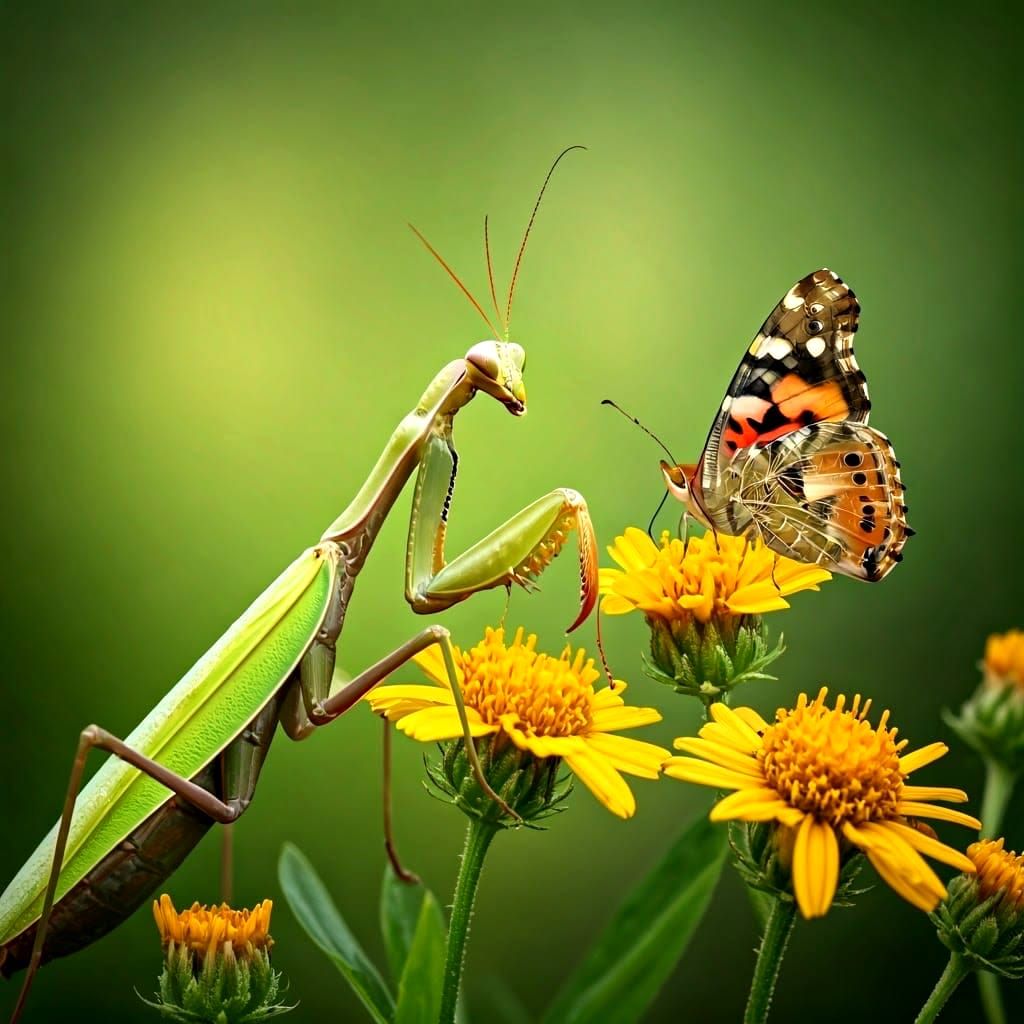 Praying Mantis Stalks Butterfly: Hyperrealistic Nature Photo...