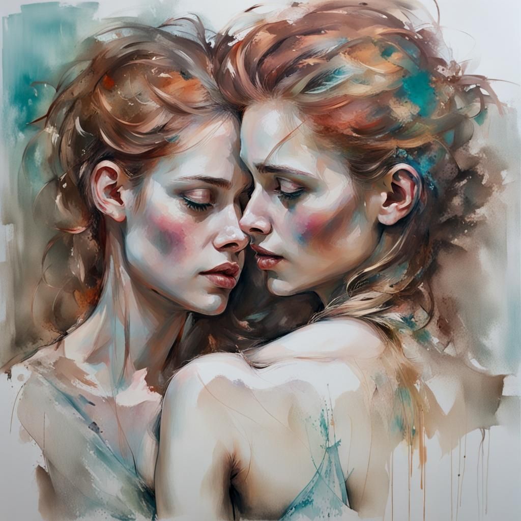 Transgender Twins Embrace: A Watercolor Portrait
