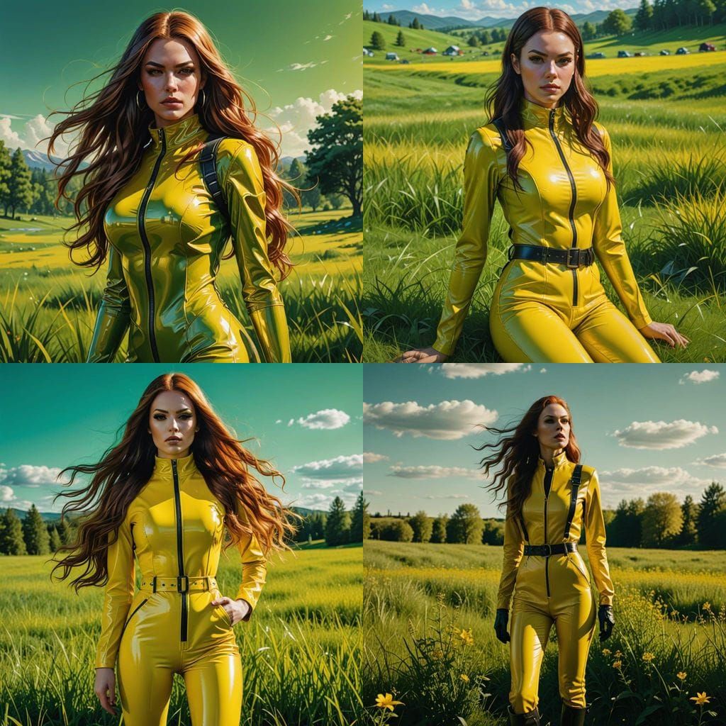 Dominatrix in Yellow Latex on Green Field