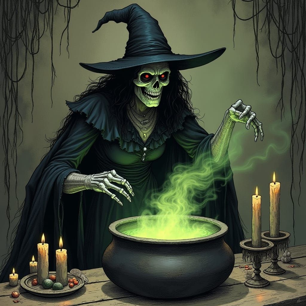 Victorian Witch Brewing Potion in Dark Setting