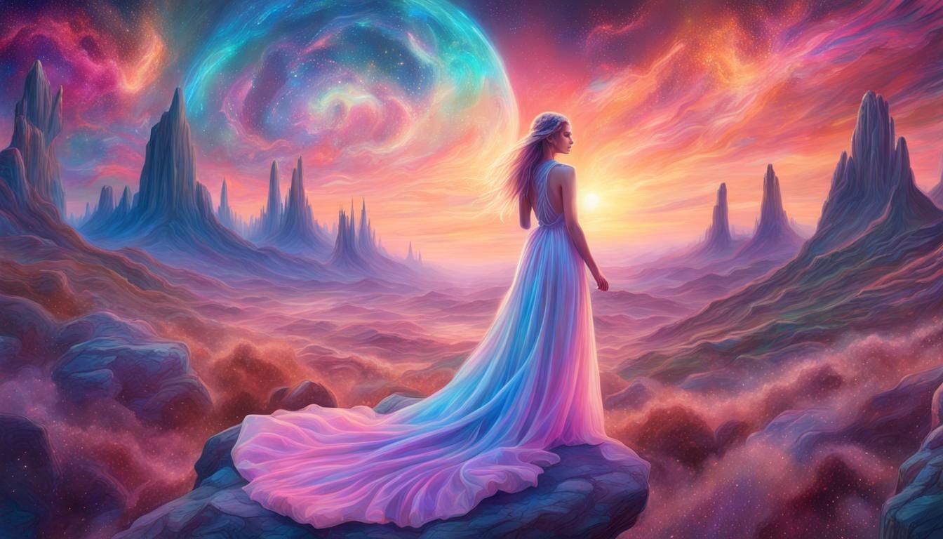 Holographic Cosmic Landscape with Lady, Mixed Media