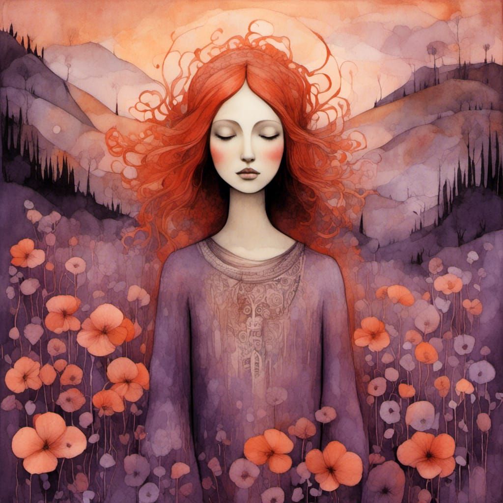 Ethereal Woman in Countryside: Liquid Ink Watercolor Art