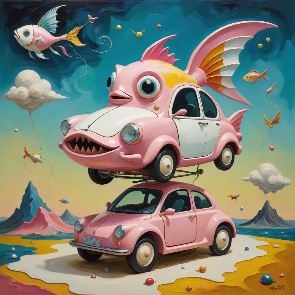 Surreal Fish With Wings Rides Electric Car