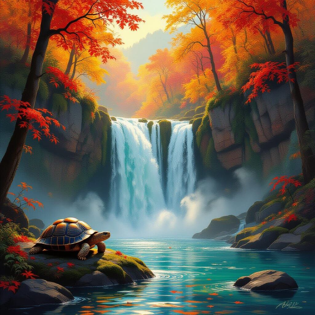 Autumn Waterfall Serenity with Ancient Tortoise