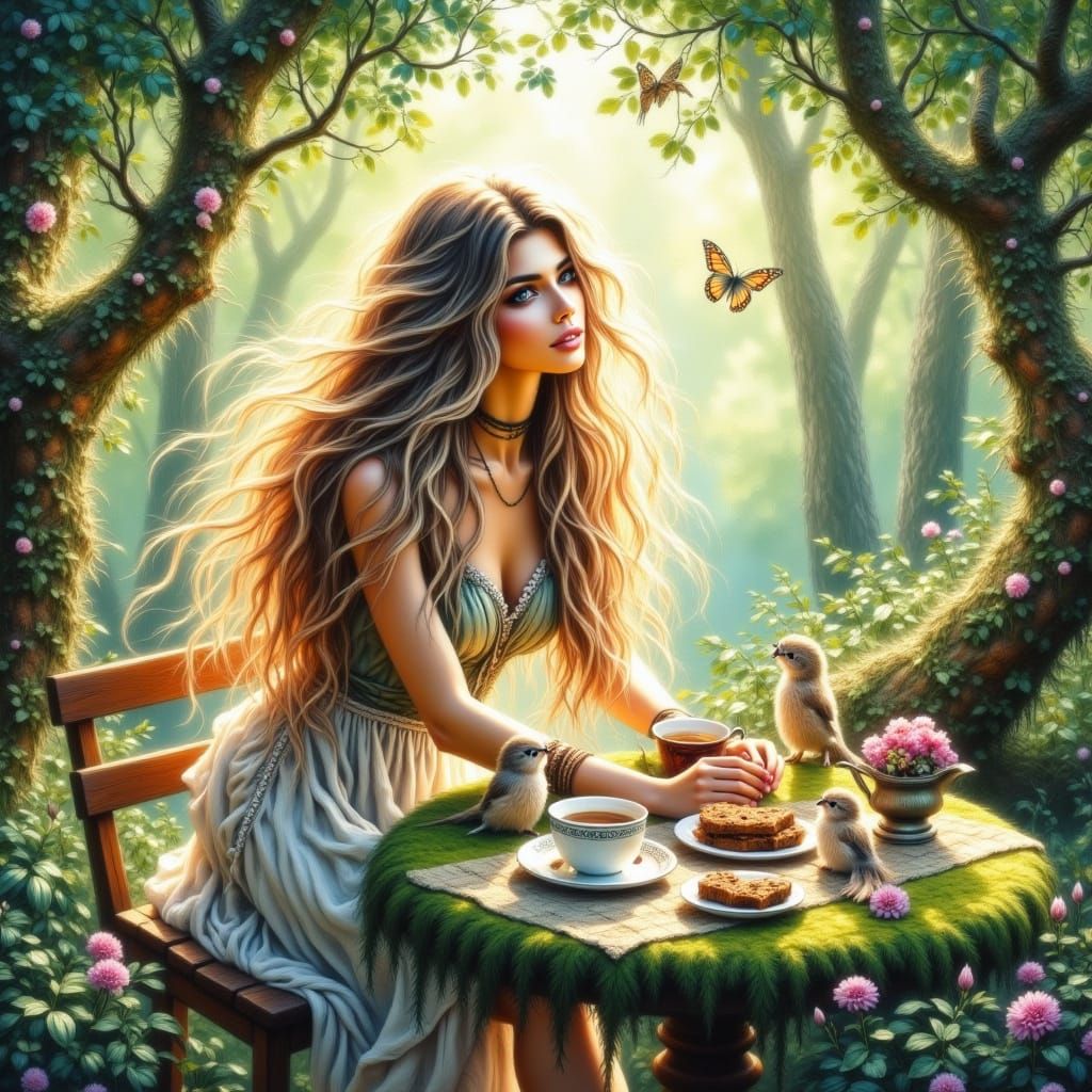 Fairy Garden Tea Party in Watercolor Style