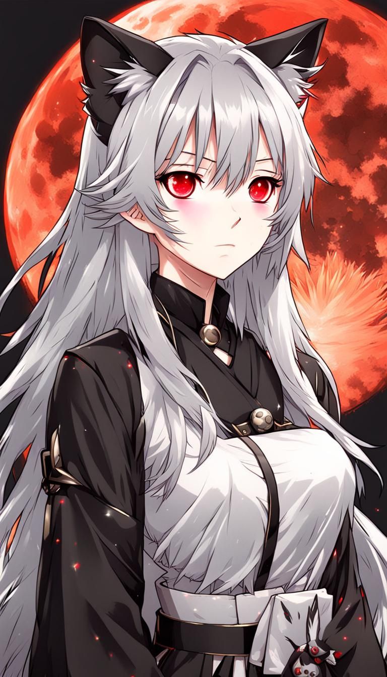 Anime Girl with Silver Hair and Red Moon