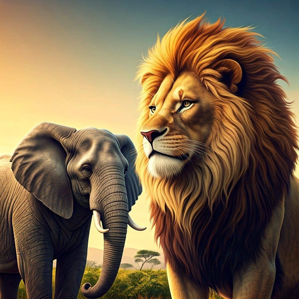 Lion Gaze at Gentle Elephant in Sunset Savannah