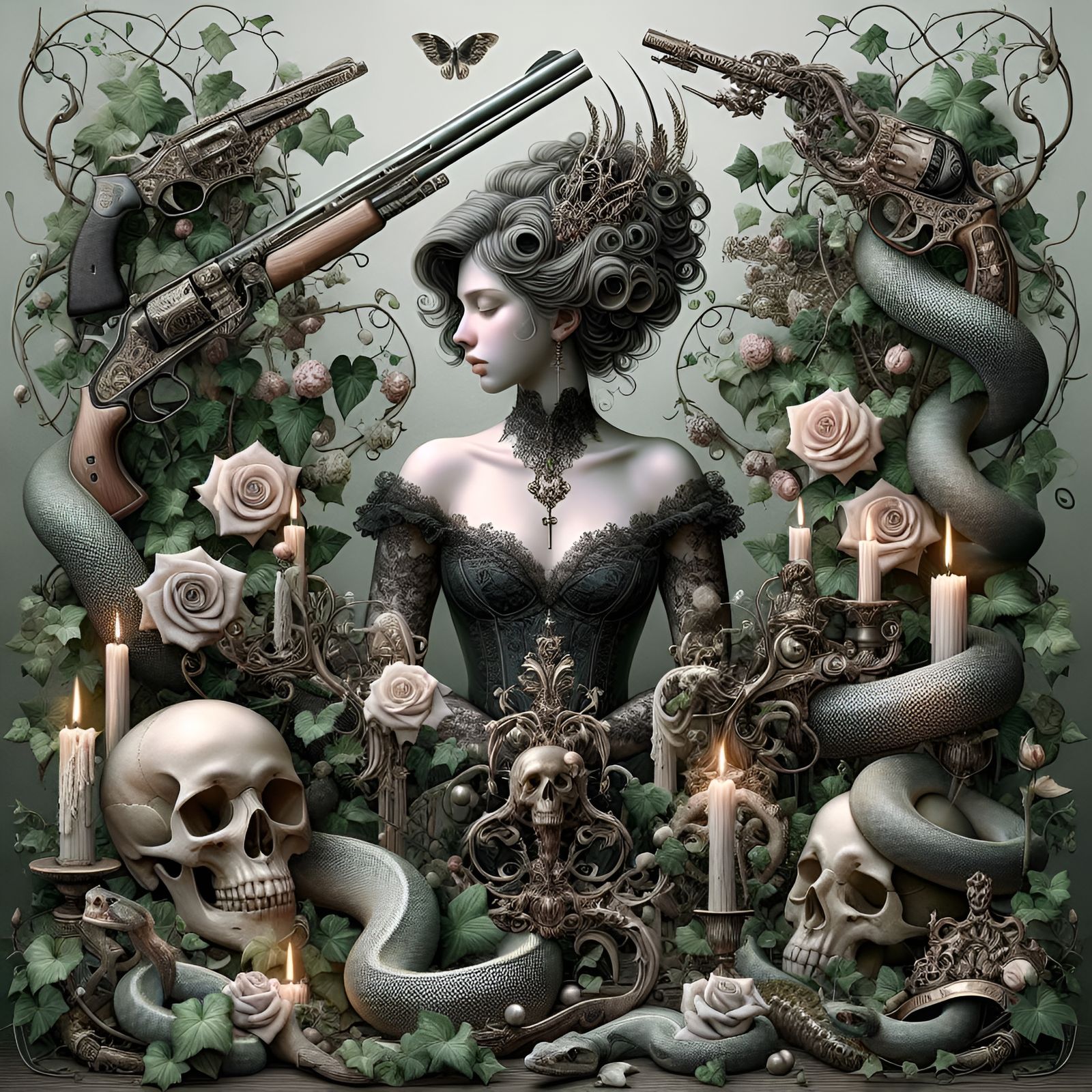 Gothic woman, ivy, vines, roses, skull, candles, guns, snakes, beautiful, elegant, Digital Art, Wlop, Brian Froud, Intri...