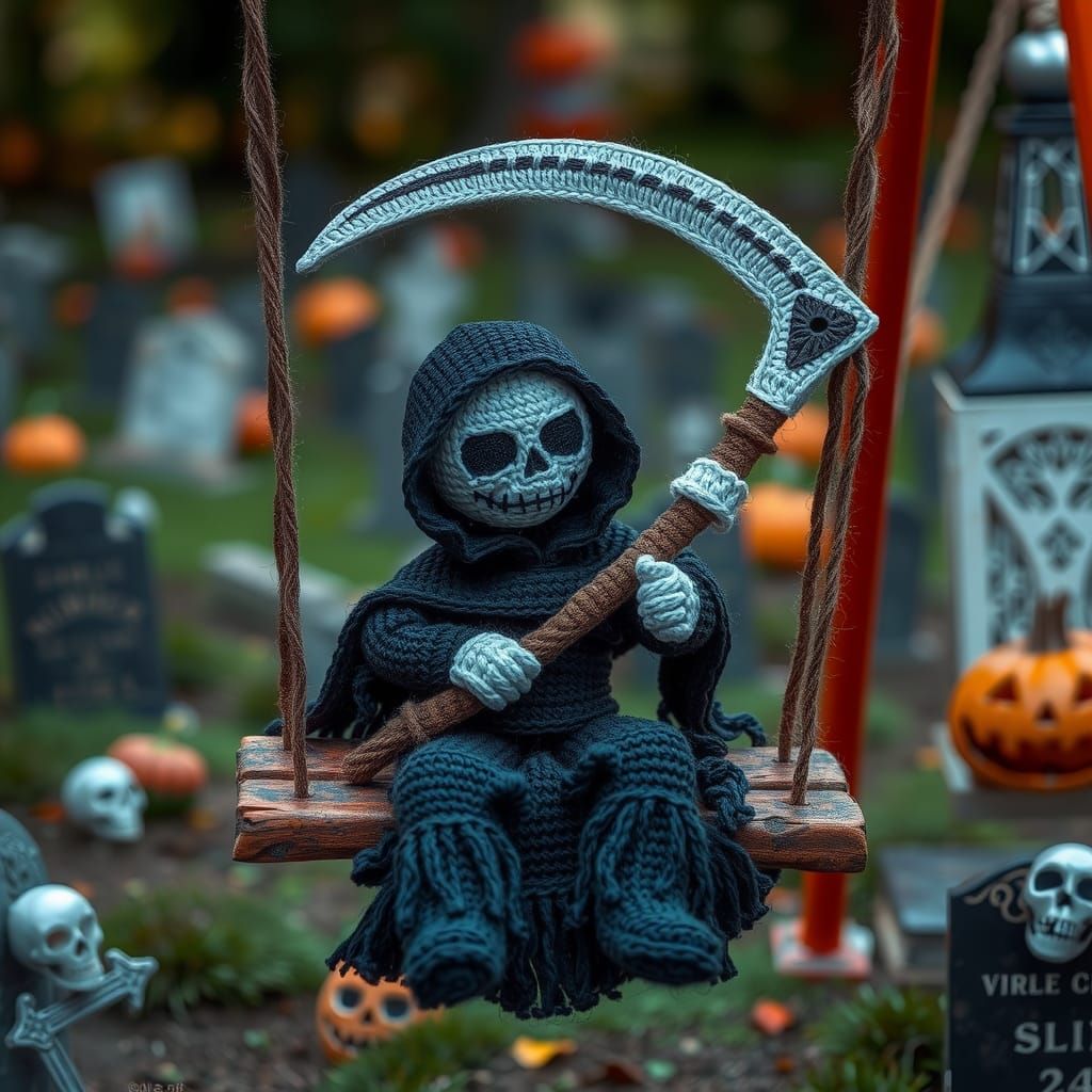 Crocheted Grim Reaper Toy on Halloween Swing