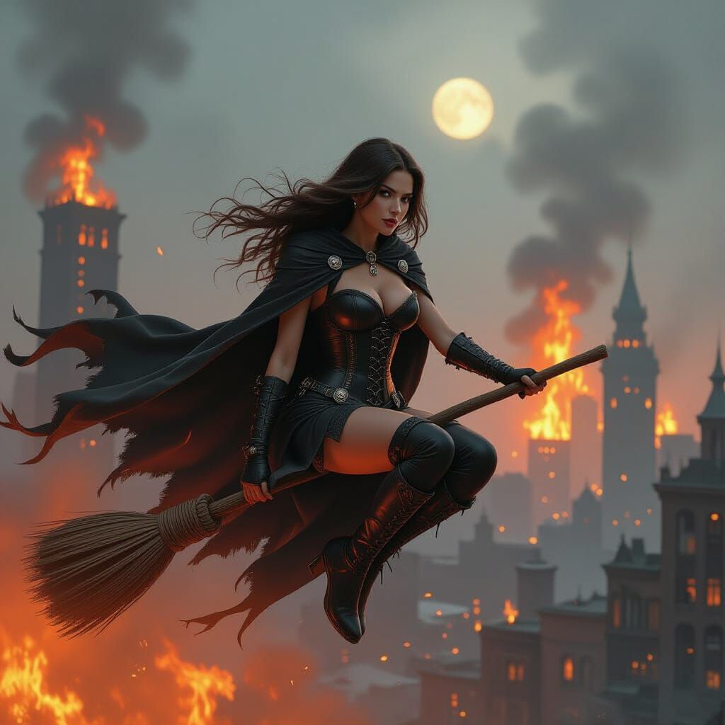 Witch Soaring Over Burning City in Industrial Style