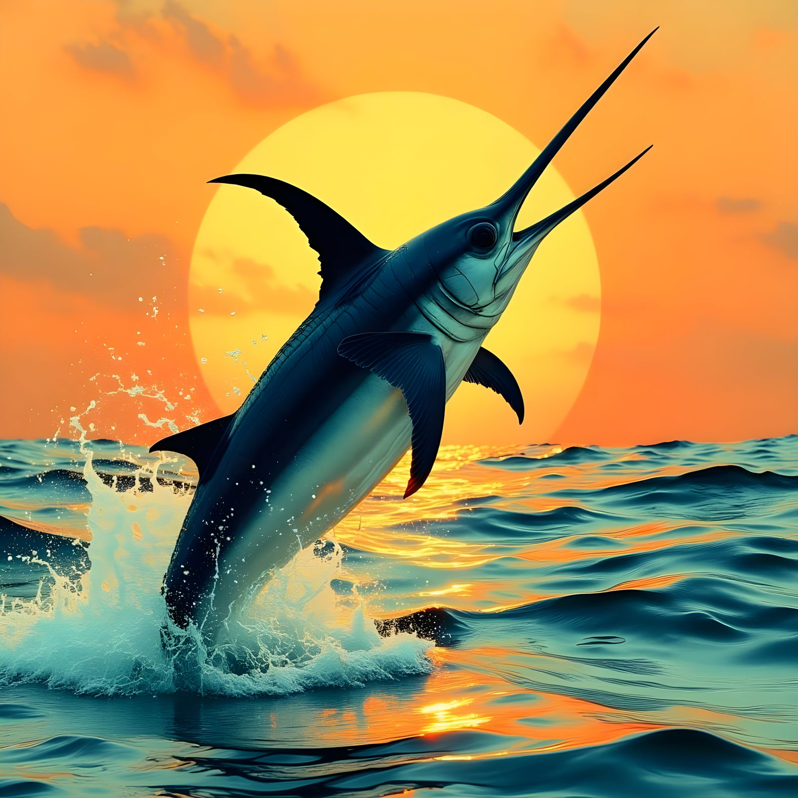 Surreal Marlin Silhouette Against Ocean Waves
