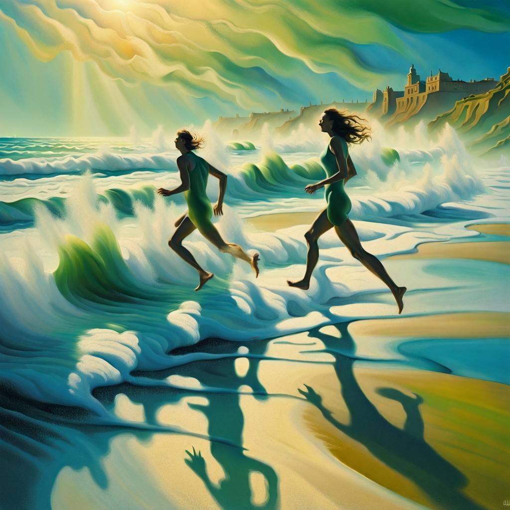 Surrealist Beach Scene with Running Figures
