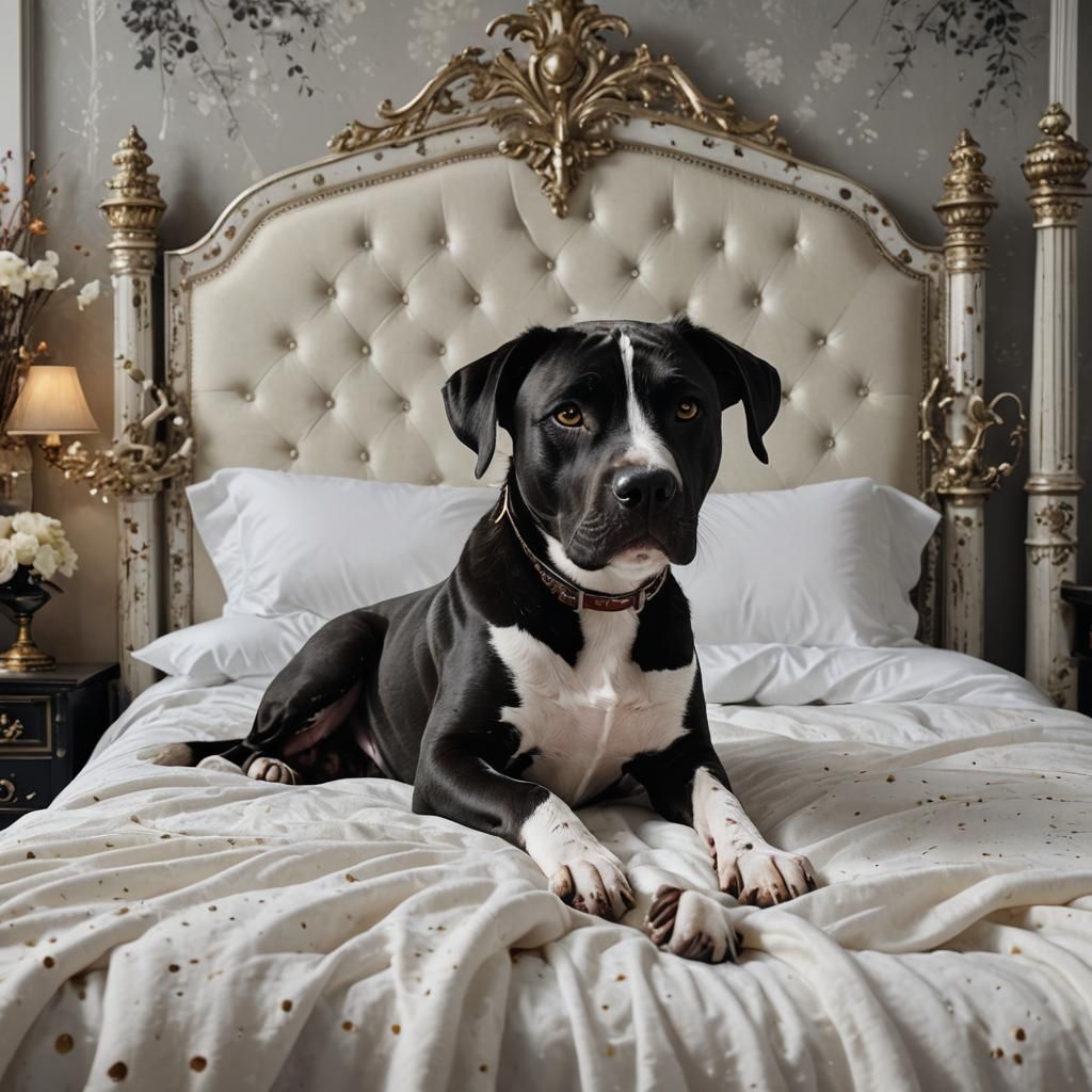 Black Pitbull Lab Mix on White Bed, Detailed Painting