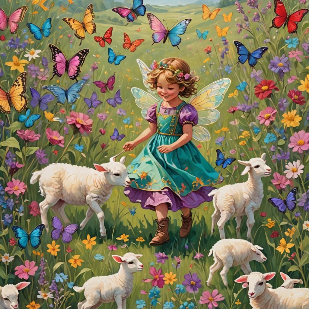 Fairies Playing with Lambs in Wildflower Field