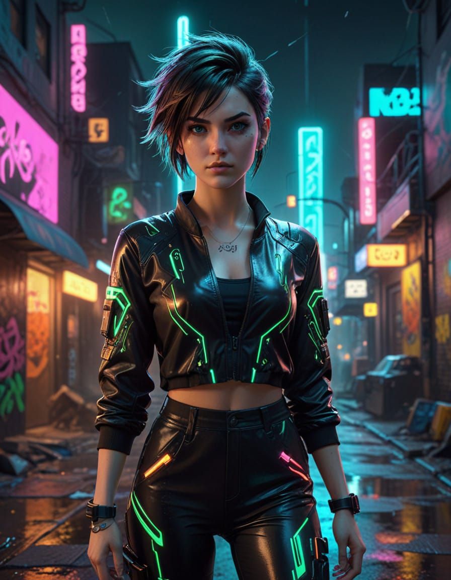Cyberpunk Goddess in Neon-Lit Jumpsuit