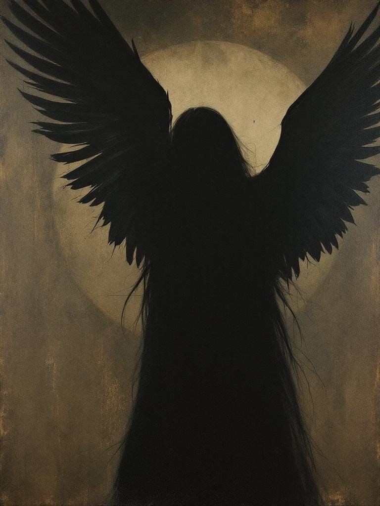 Dark-Winged Woman in Austere Landscape