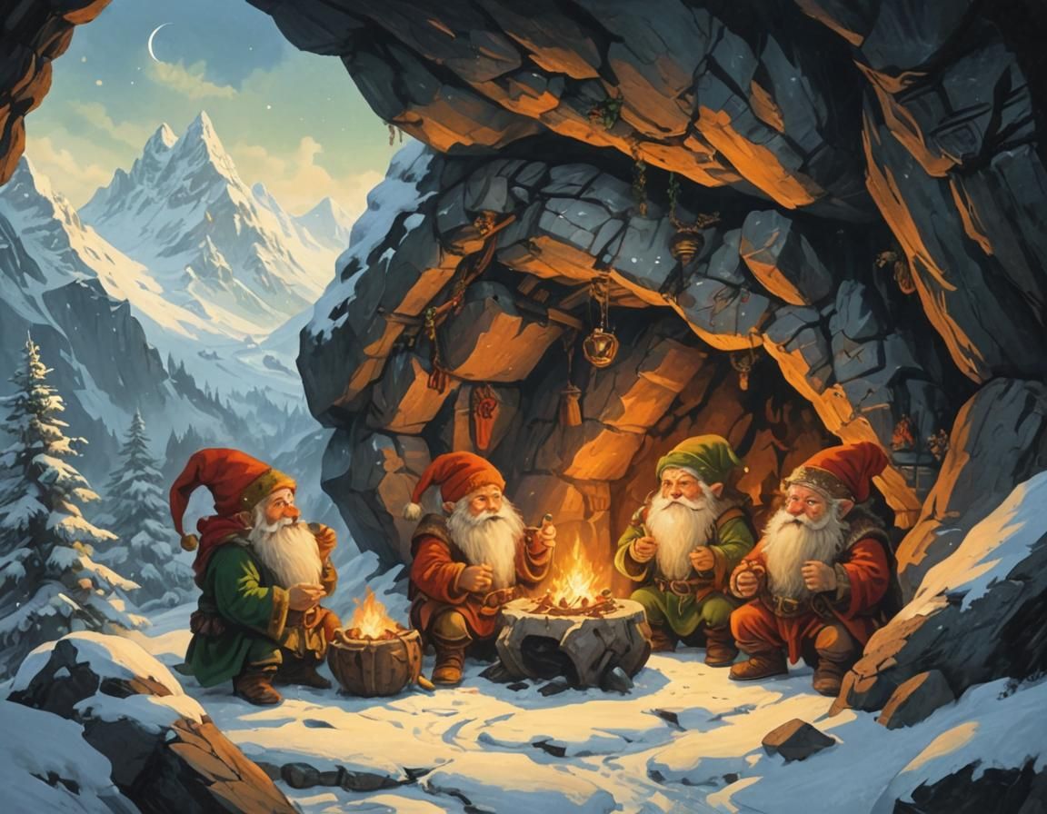 Dwarves Celebrate Christmas in Snowy Mountains, in Fantasy R...