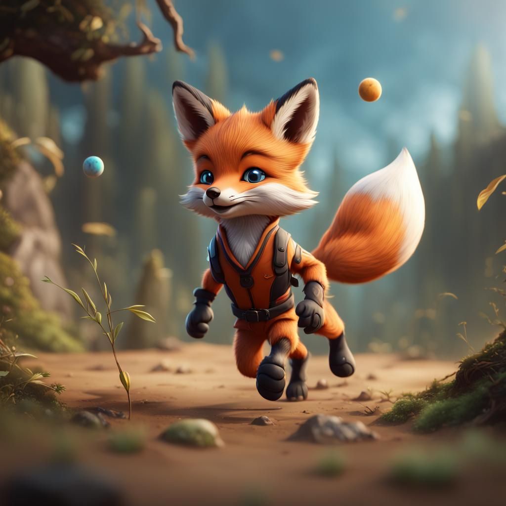 Cute Fox Cub Doing Sports in Detailed Matte Painting