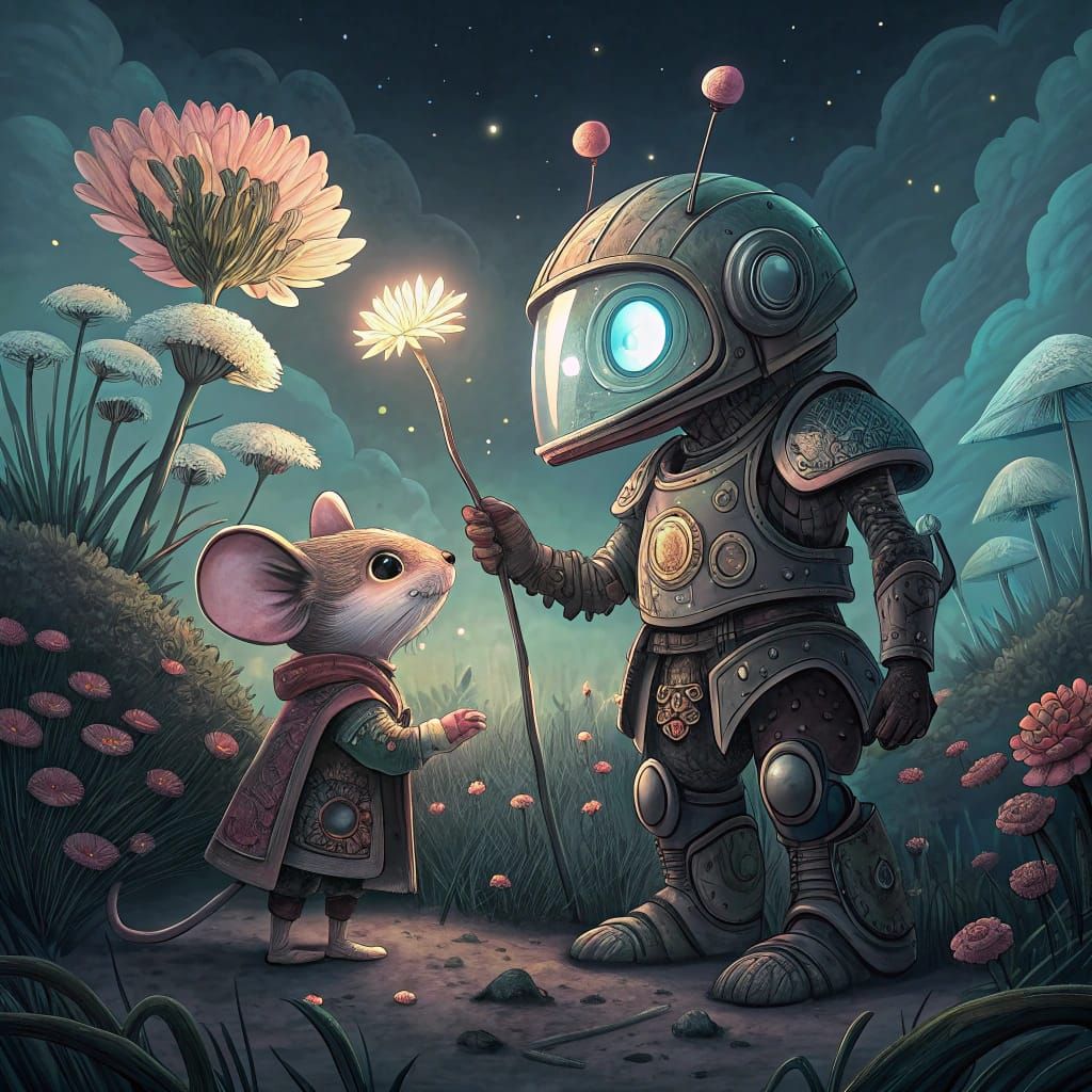 Robot and Mouse Tend Alien Garden in Haunting Tapestry Style