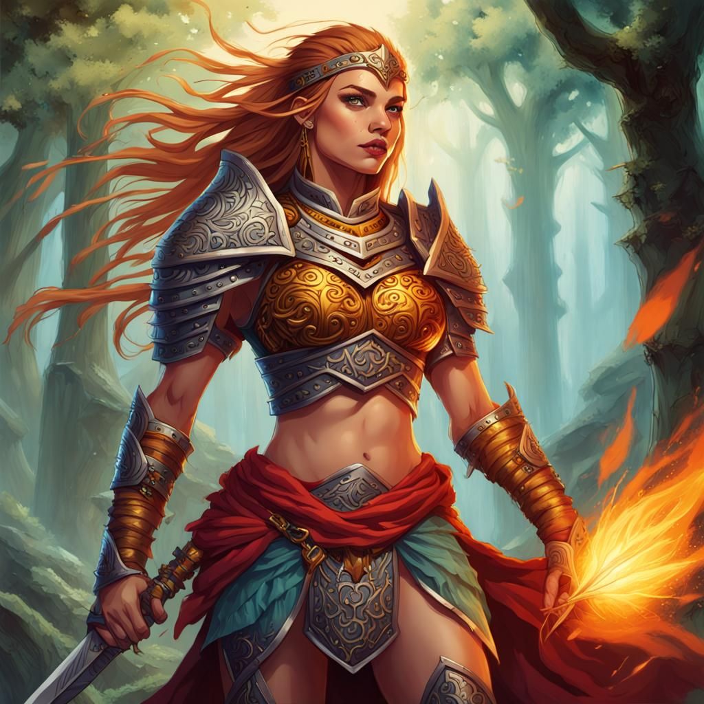Fantasy Warrior Princess: Design a seed image featuring a strong and empowered female warrior in a fantasy setting. Use ...