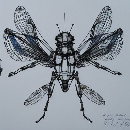 Baroque Robot Wasp Blueprint in Linear Ink