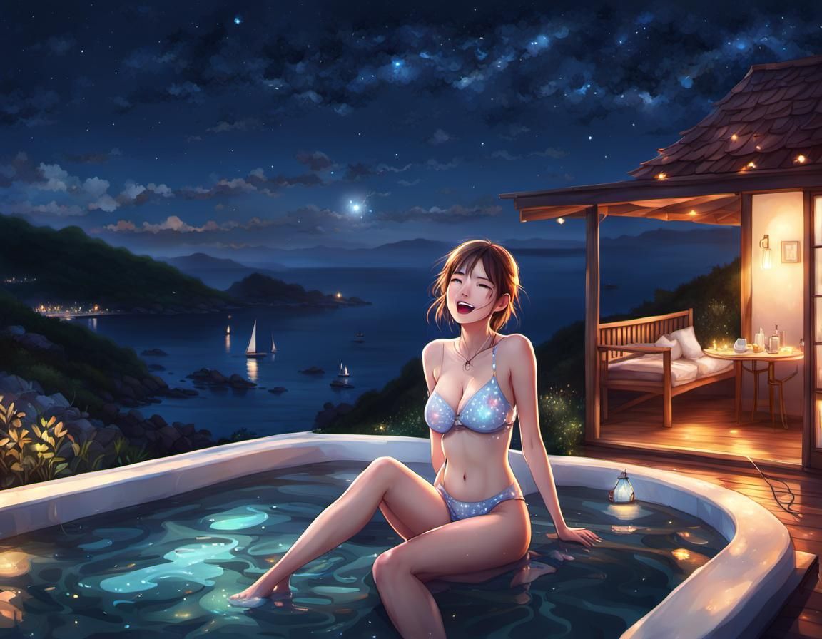 Adorable Anime Girl Enjoying Summer Night in Hyperrealism