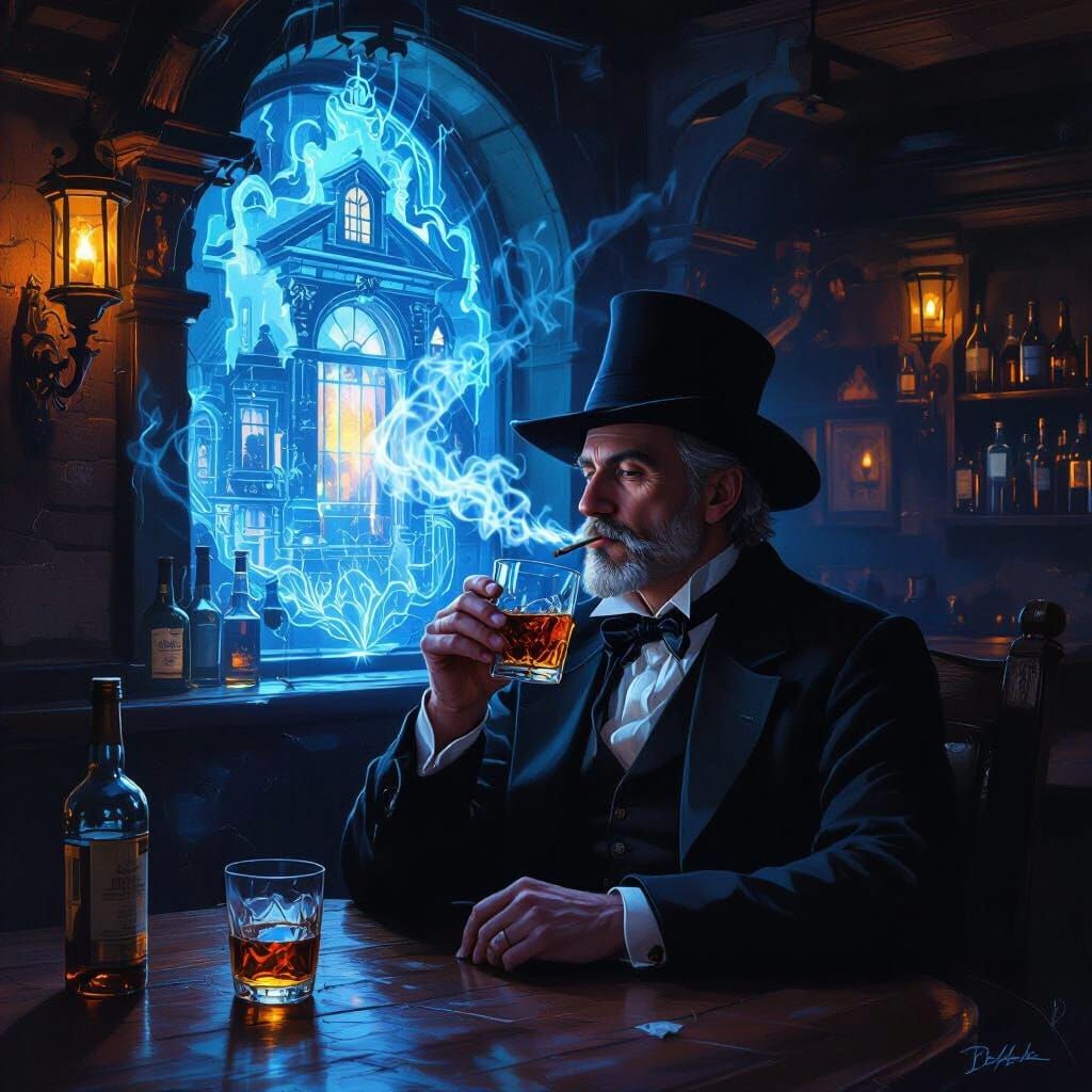 Surreal Tavern Scene with Ethereal Figure in Dim Light