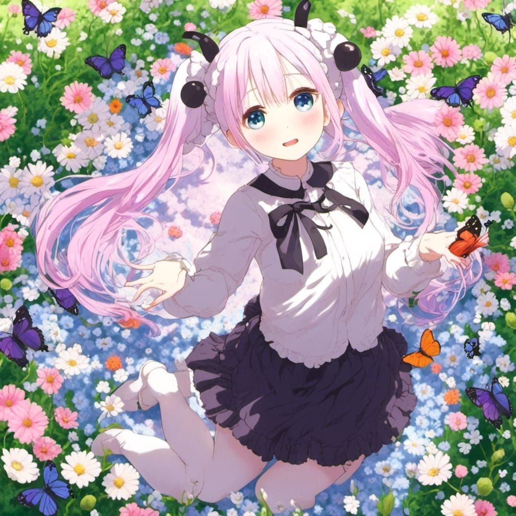 Anime Girl in Flower Garden with Butterflies