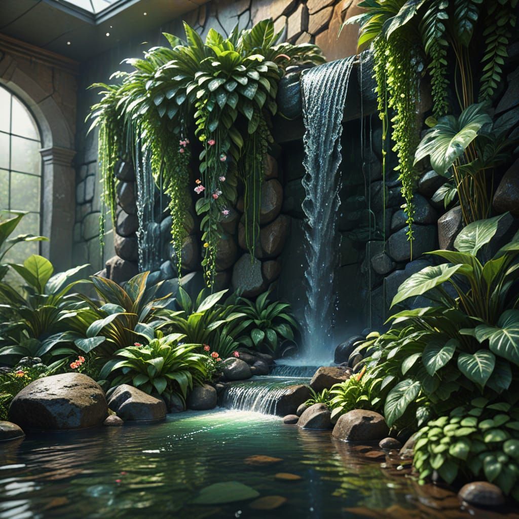 Surreal Waterfall Descends into Indoor Flowerbed: 3D Art